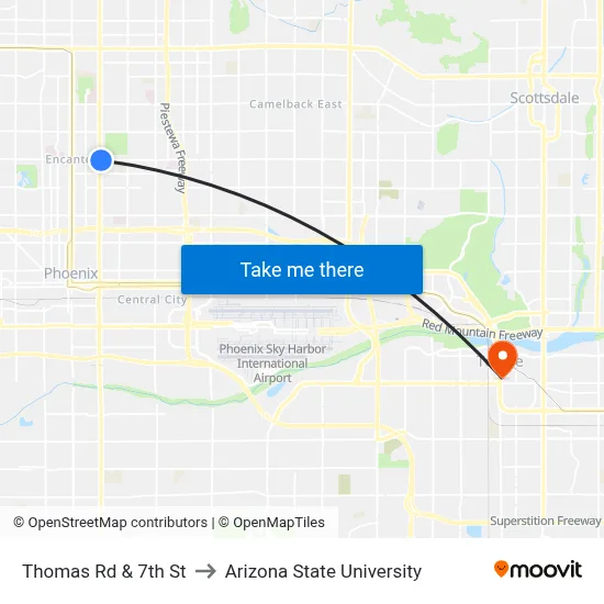 Thomas Rd & 7th St to Arizona State University map