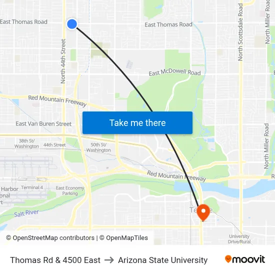 Thomas Rd & 4500 East to Arizona State University map