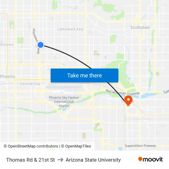 Thomas Rd & 21st St to Arizona State University map