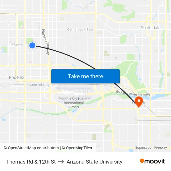 Thomas Rd & 12th St to Arizona State University map