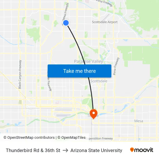 Thunderbird Rd & 36th St to Arizona State University map