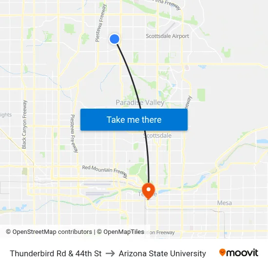 Thunderbird Rd & 44th St to Arizona State University map