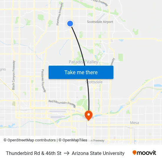 Thunderbird Rd & 46th St to Arizona State University map