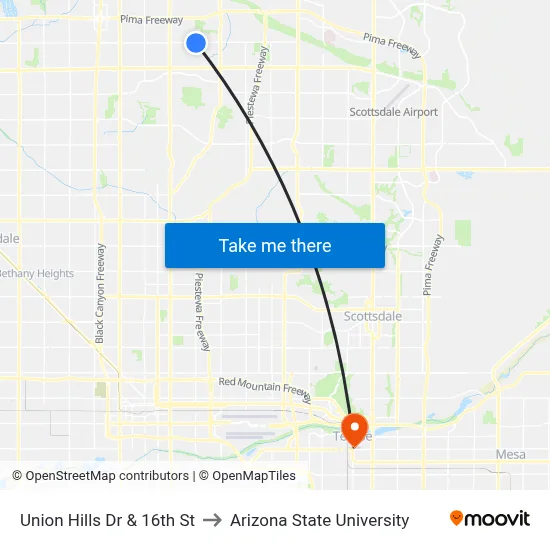 Union Hills Dr & 16th St to Arizona State University map
