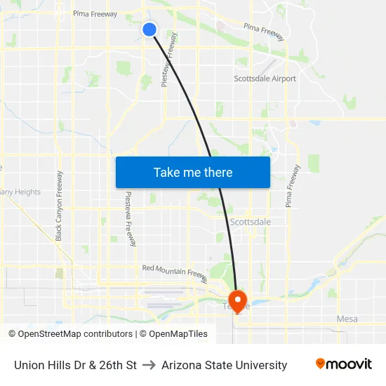 Union Hills Dr & 26th St to Arizona State University map