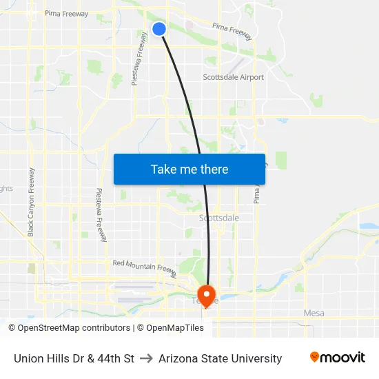 Union Hills Dr & 44th St to Arizona State University map