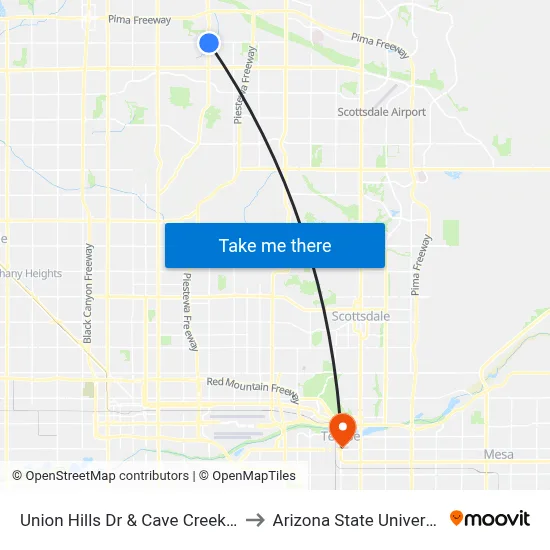 Union Hills Dr & Cave Creek Rd to Arizona State University map