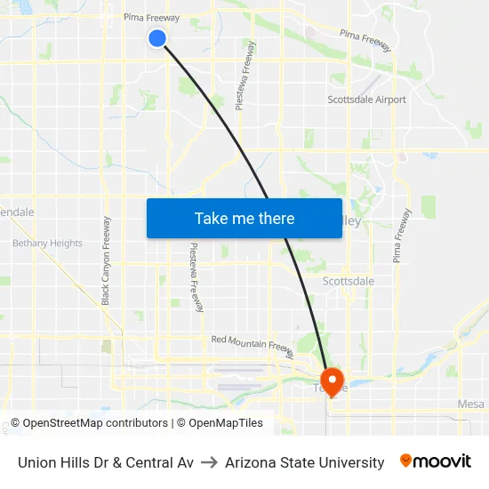 Union Hills Dr & Central Av to Arizona State University map