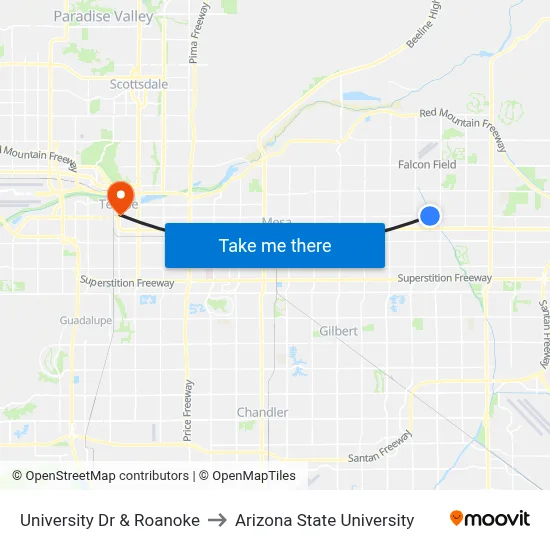 University Dr & Roanoke to Arizona State University map