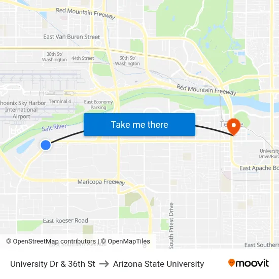 University Dr & 36th St to Arizona State University map
