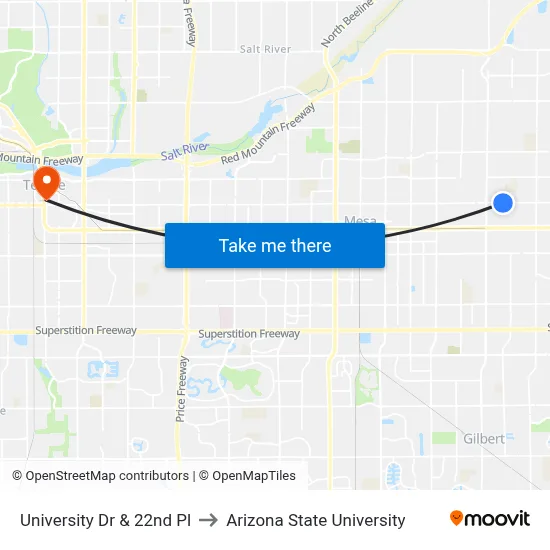 University Dr & 22nd Pl to Arizona State University map