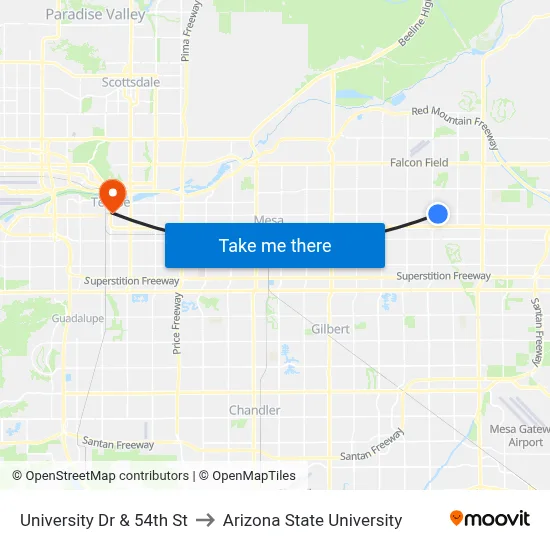 University Dr & 54th St to Arizona State University map