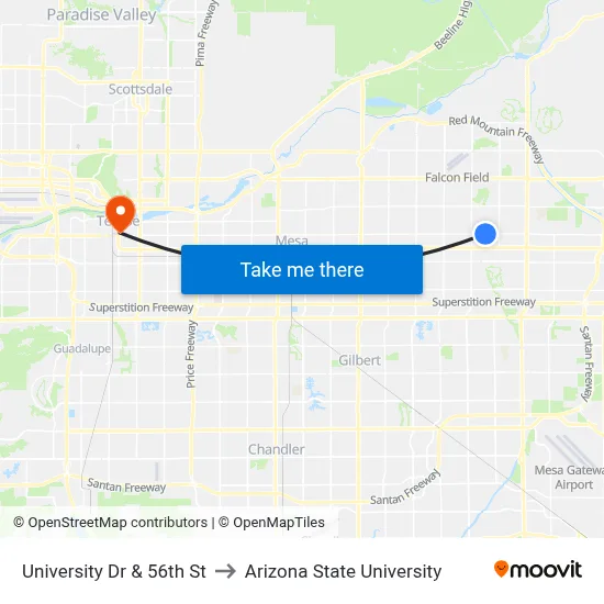 University Dr & 56th St to Arizona State University map