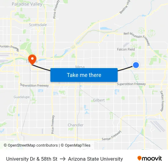 University Dr & 58th St to Arizona State University map