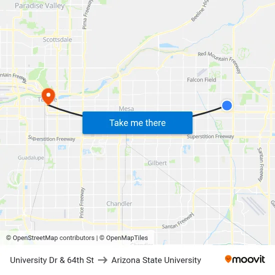 University Dr & 64th St to Arizona State University map