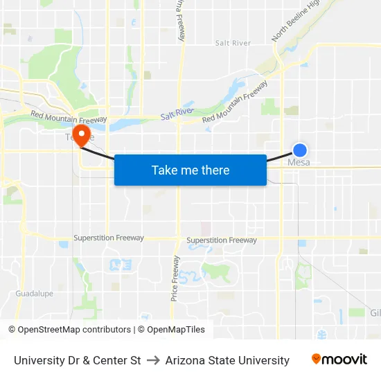 University Dr & Center St to Arizona State University map