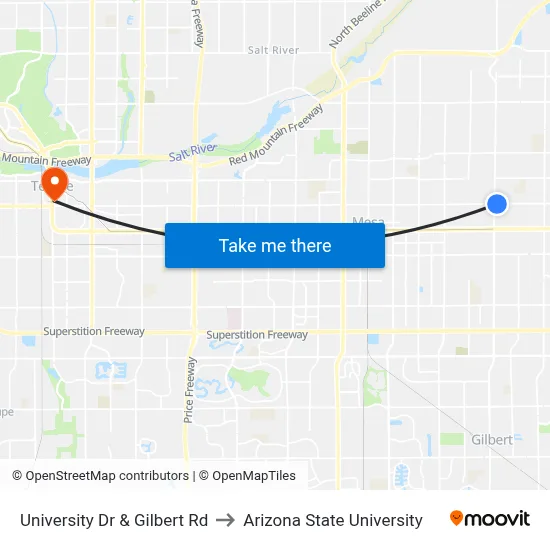 University Dr & Gilbert Rd to Arizona State University map