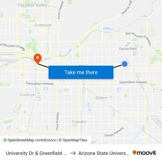 University Dr & Greenfield Rd to Arizona State University map