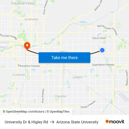 University Dr & Higley Rd to Arizona State University map