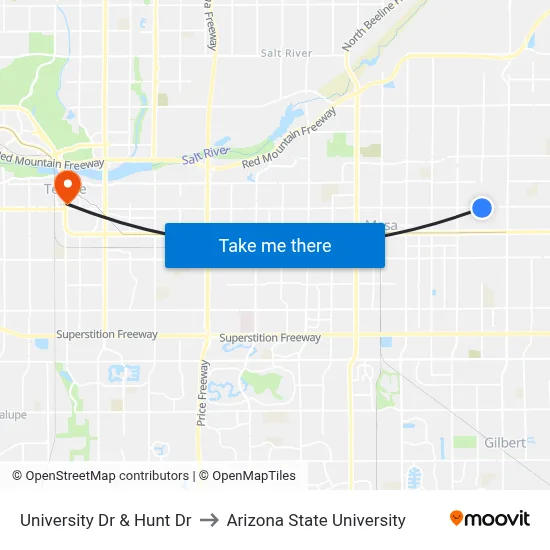 University Dr & Hunt Dr to Arizona State University map