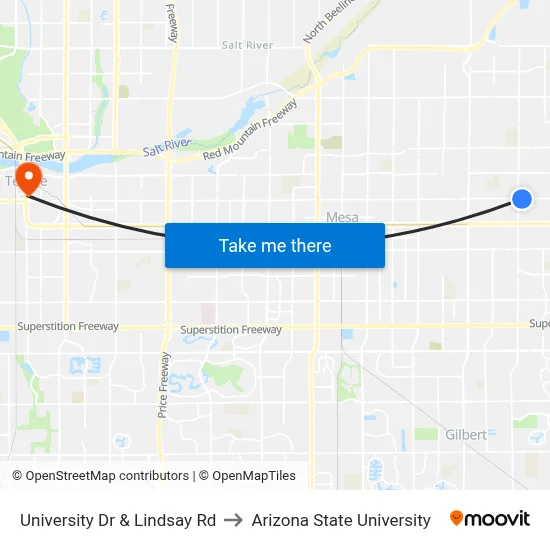 University Dr & Lindsay Rd to Arizona State University map