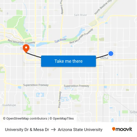 University Dr & Mesa Dr to Arizona State University map