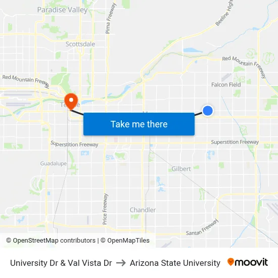 University Dr & Val Vista Dr to Arizona State University map