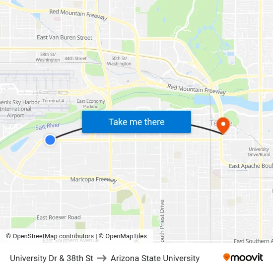 University Dr & 38th St to Arizona State University map