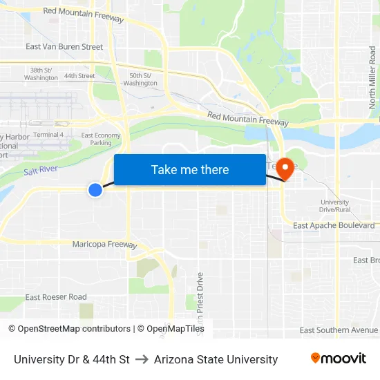 University Dr & 44th St to Arizona State University map