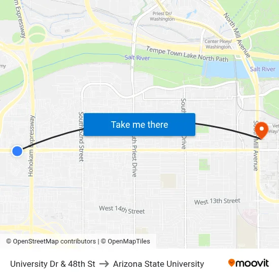 University Dr & 48th St to Arizona State University map
