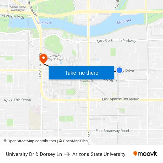 University Dr & Dorsey Ln to Arizona State University map