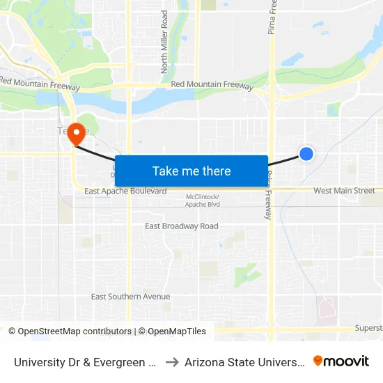 University Dr & Evergreen Rd to Arizona State University map
