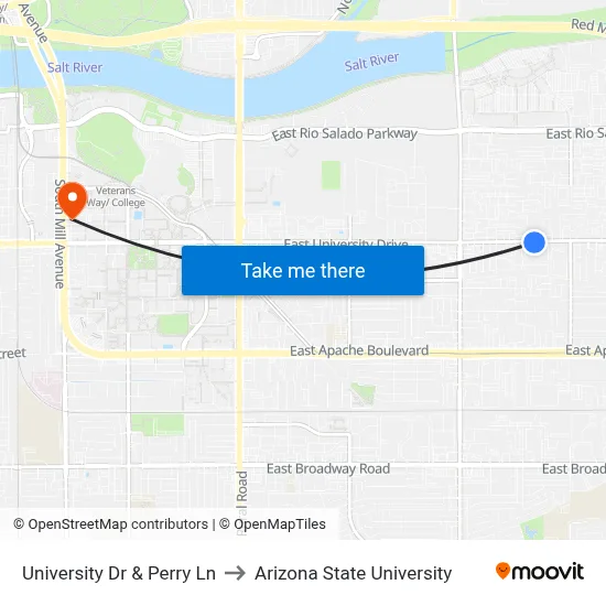 University Dr & Perry Ln to Arizona State University map