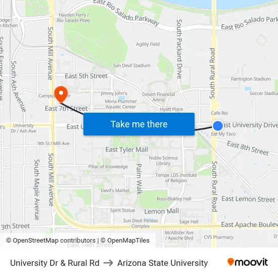 University Dr & Rural Rd to Arizona State University map
