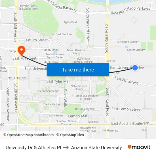 University Dr & Athletes Pl to Arizona State University map