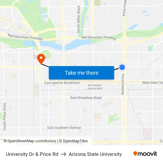 University Dr & Price Rd to Arizona State University map