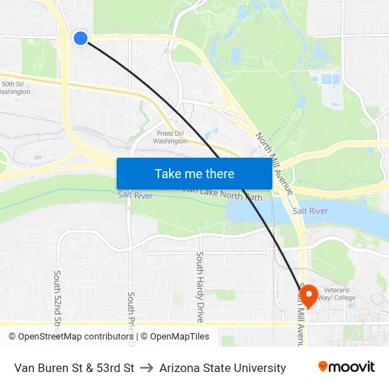 Van Buren St & 53rd St to Arizona State University map
