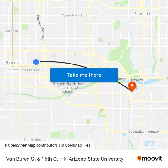 Van Buren St & 16th St to Arizona State University map