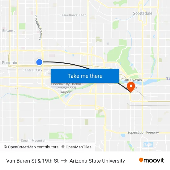 Van Buren St & 19th St to Arizona State University map