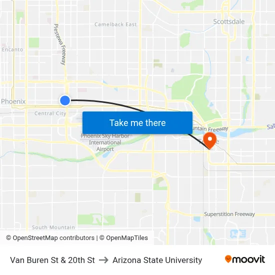 Van Buren St & 20th St to Arizona State University map
