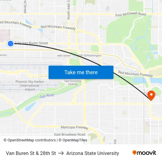 Van Buren St & 28th St to Arizona State University map