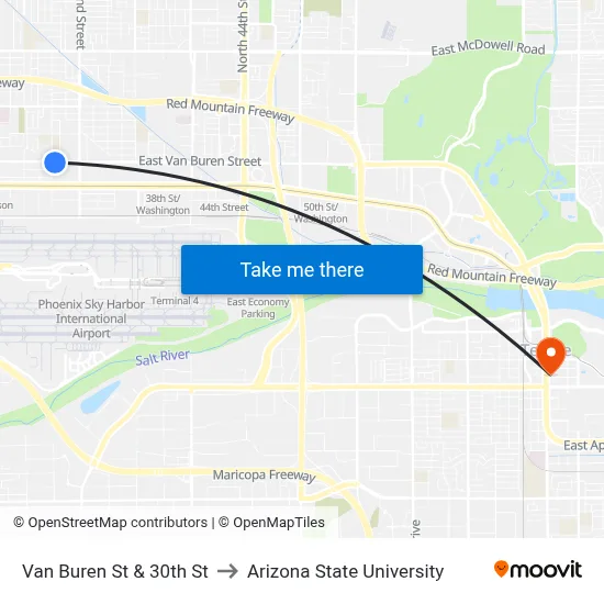 Van Buren St & 30th St to Arizona State University map