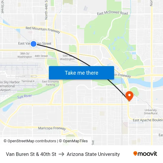 Van Buren St & 40th St to Arizona State University map