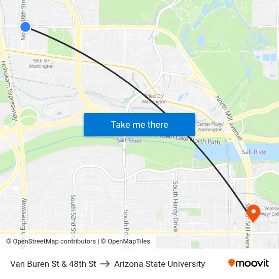 Van Buren St & 48th St to Arizona State University map