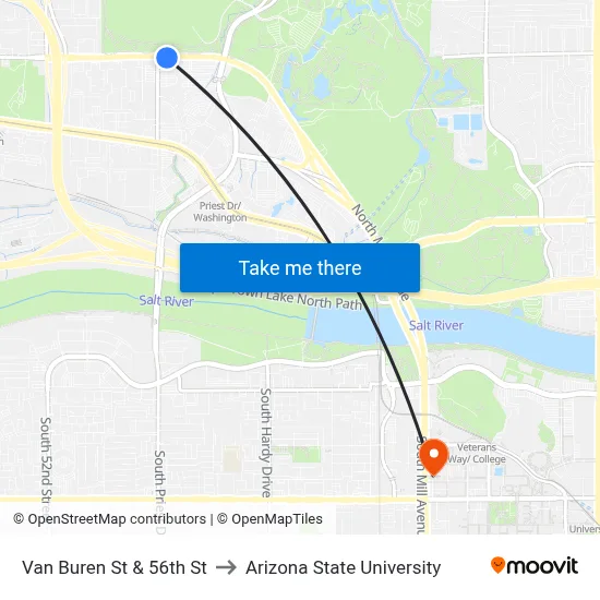 Van Buren St & 56th St to Arizona State University map