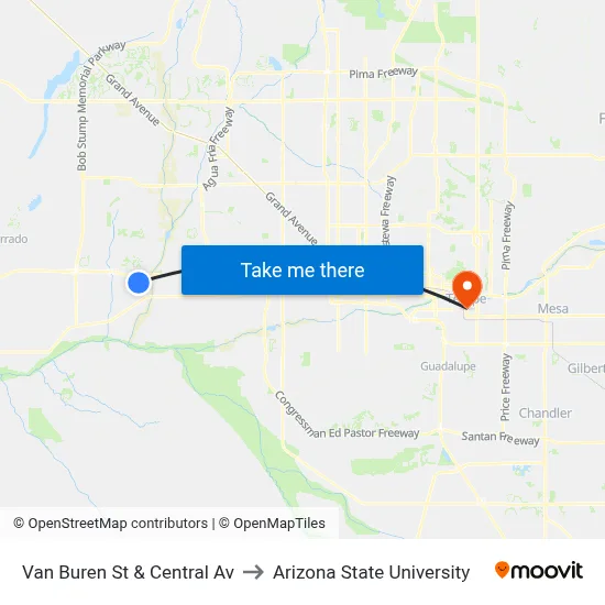 Van Buren St & Central Av to Arizona State University map