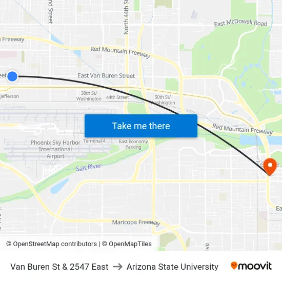 Van Buren St & 2547 East to Arizona State University map