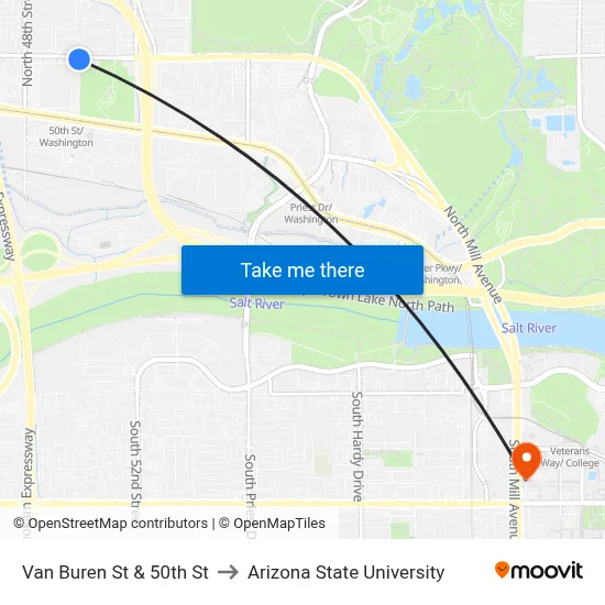 Van Buren St & 50th St to Arizona State University map