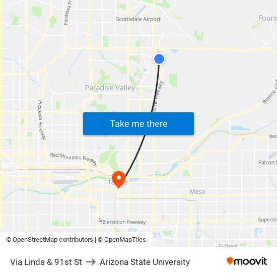 Via Linda & 91st St to Arizona State University map