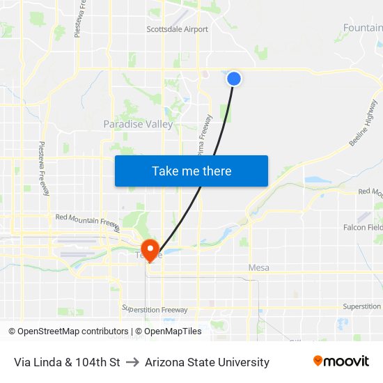 Via Linda & 104th St to Arizona State University map